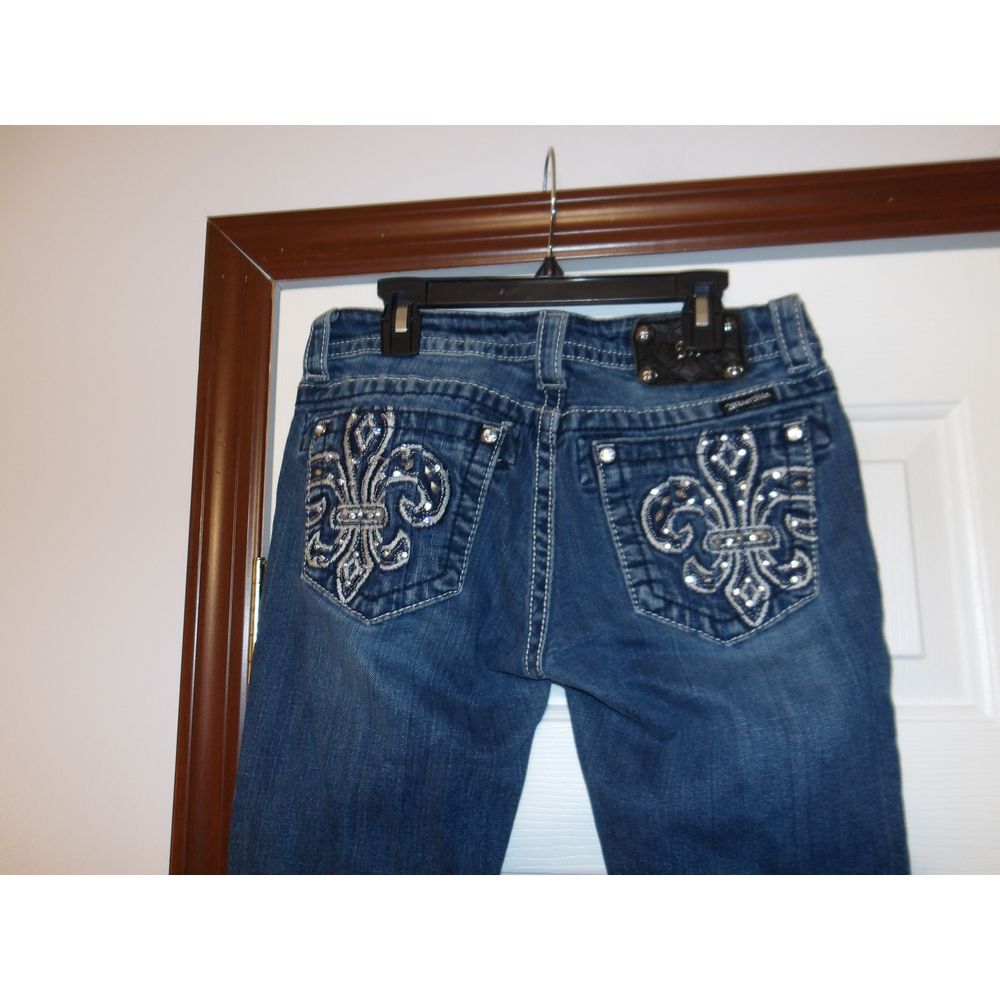 Miss Me Boot Cut Jeans 27x32 with Embellished Fleur-de-lis Crystal Pocket Design
